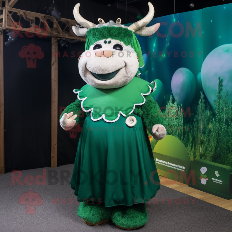 Forest Green Bull mascot costume character dressed with a A-Line Dress and Beanies