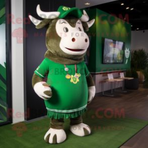 Forest Green Bull mascot costume character dressed with a A-Line Dress and Beanies