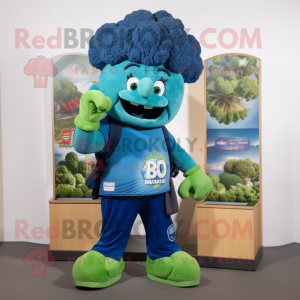 Blue Broccoli mascot costume character dressed with a Bermuda Shorts and Earrings