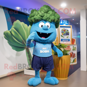 Blue Broccoli mascot costume character dressed with a Bermuda Shorts and Earrings