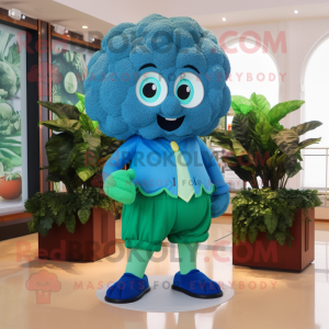 Blue Broccoli mascot costume character dressed with a Bermuda Shorts and Earrings