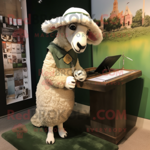 Olive Suffolk Sheep mascot costume character dressed with a Pencil Skirt and Hat pins