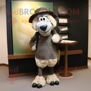 Olive Suffolk Sheep mascot costume character dressed with a Pencil Skirt and Hat pins