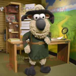 Olive Suffolk Sheep mascot costume character dressed with a Pencil Skirt and Hat pins