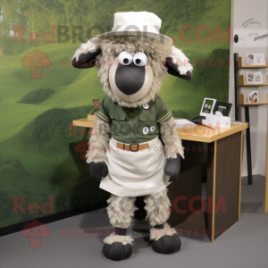 Olive Suffolk Sheep mascot costume character dressed with a Pencil Skirt and Hat pins