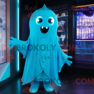 Fantasia de mascote Cyan Ghost com parca e brincos - Mascotes fantasmas - REBROKO_360848 - RedBrokoly.com