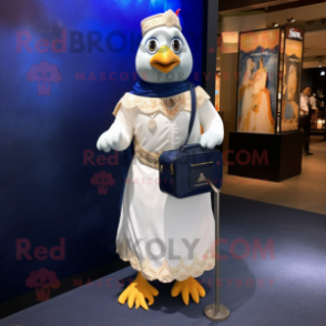 Navy Butter Chicken mascot costume character dressed with a Wedding Dress and Messenger bags