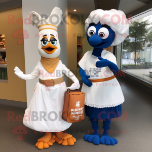 Navy Butter Chicken mascot costume character dressed with a Wedding Dress and Messenger bags