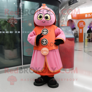 Pink Mandarin mascot costume character dressed with a Trousers and Rings