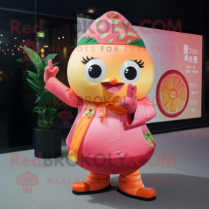 Pink Mandarin mascot costume character dressed with a Trousers and Rings