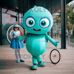 Teal Unicyclist mascot costume character dressed with a Mini Dress and Smartwatches
