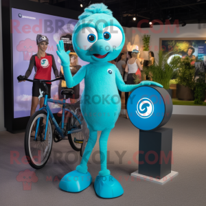 Teal Unicyclist mascot costume character dressed with a Mini Dress and Smartwatches