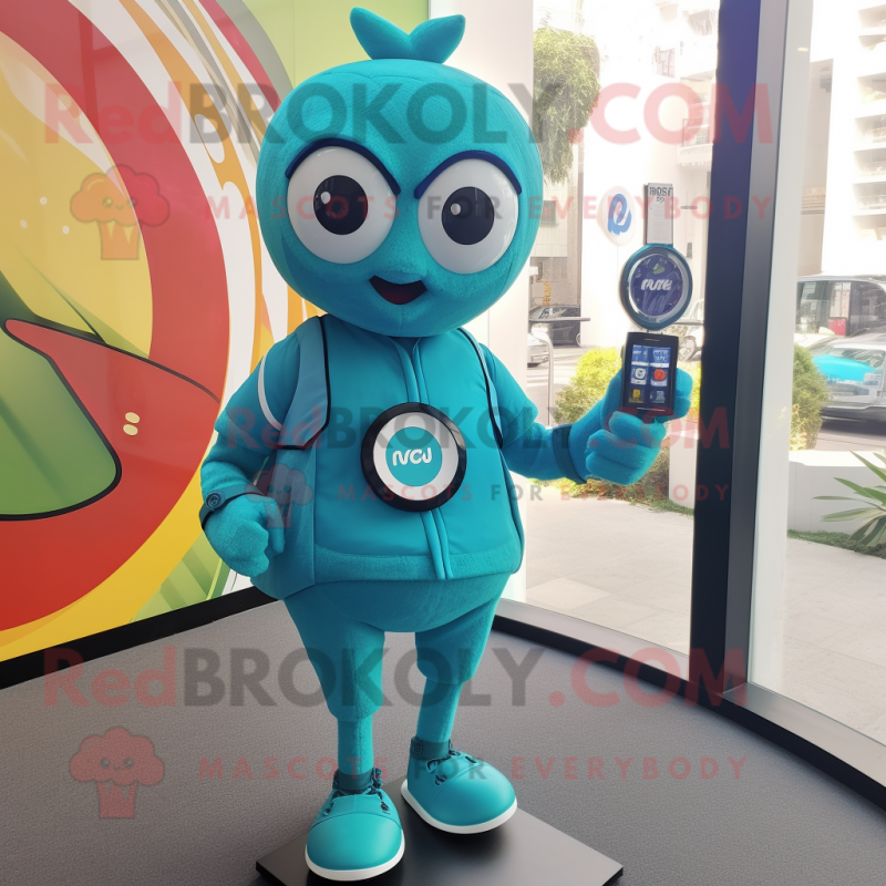 Teal Unicyclist mascot costume character dressed with a Mini Dress and Smartwatches