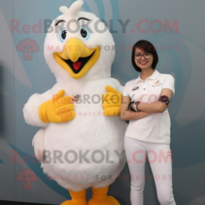 White Butter Chicken mascot costume character dressed with a Blouse and Smartwatches