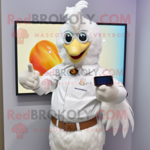 White Butter Chicken mascot costume character dressed with a Blouse and Smartwatches