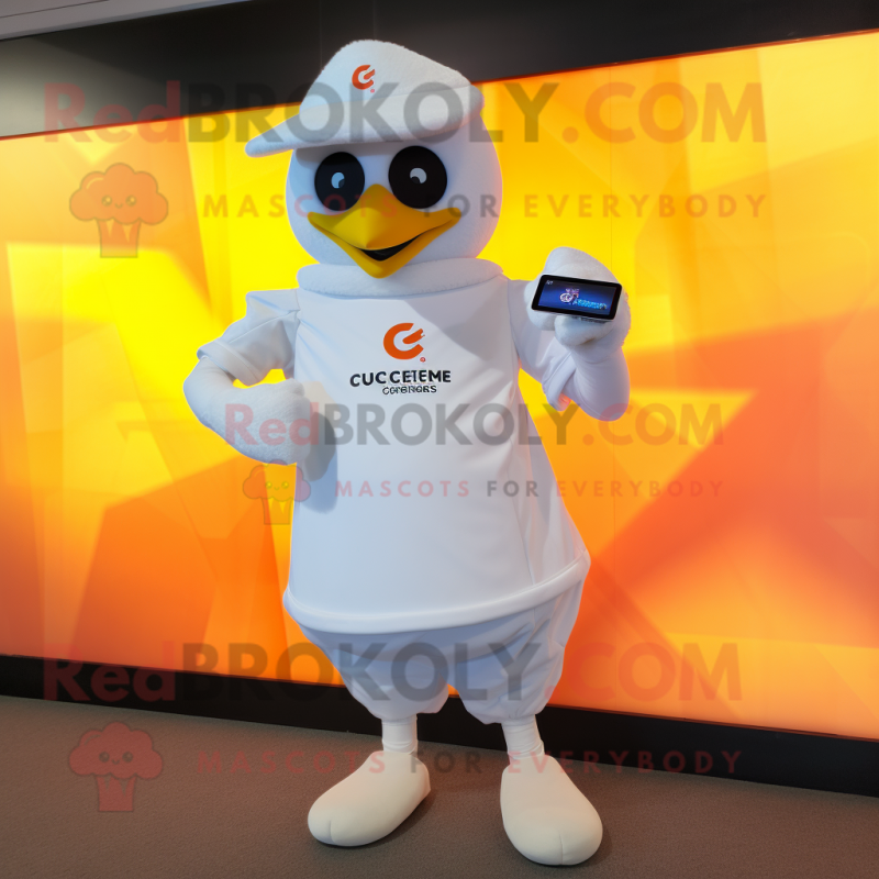 White Butter Chicken mascot costume character dressed with a Blouse and Smartwatches