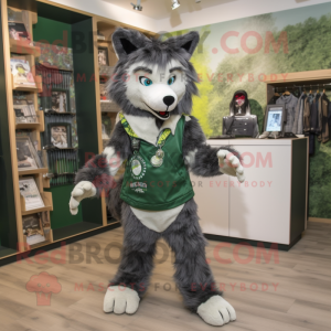 Forest Green Wolf mascot costume character dressed with a Playsuit and Scarf clips