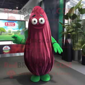 Maroon Green Bean mascot costume character dressed with a Maxi Dress and Keychains