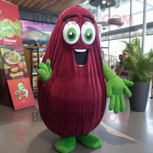 Maroon Green Bean mascot costume character dressed with a Maxi Dress and Keychains