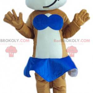 Mascote gato marrom e branco com saia azul - Redbrokoly.com