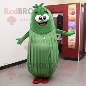 Maroon Green Bean mascot costume character dressed with a Maxi Dress and Keychains