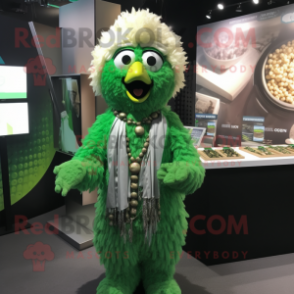 Green Fried Chicken mascot costume character dressed with a Wrap Dress and Necklaces