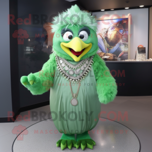 Green Fried Chicken mascot costume character dressed with a Wrap Dress and Necklaces