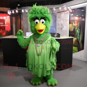 Green Fried Chicken mascot costume character dressed with a Wrap Dress and Necklaces