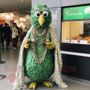 Green Fried Chicken mascot costume character dressed with a Wrap Dress and Necklaces