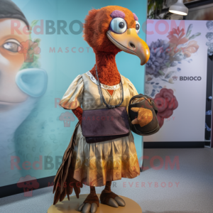 Rust Dodo Bird mascot costume character dressed with a Dress and Coin purses