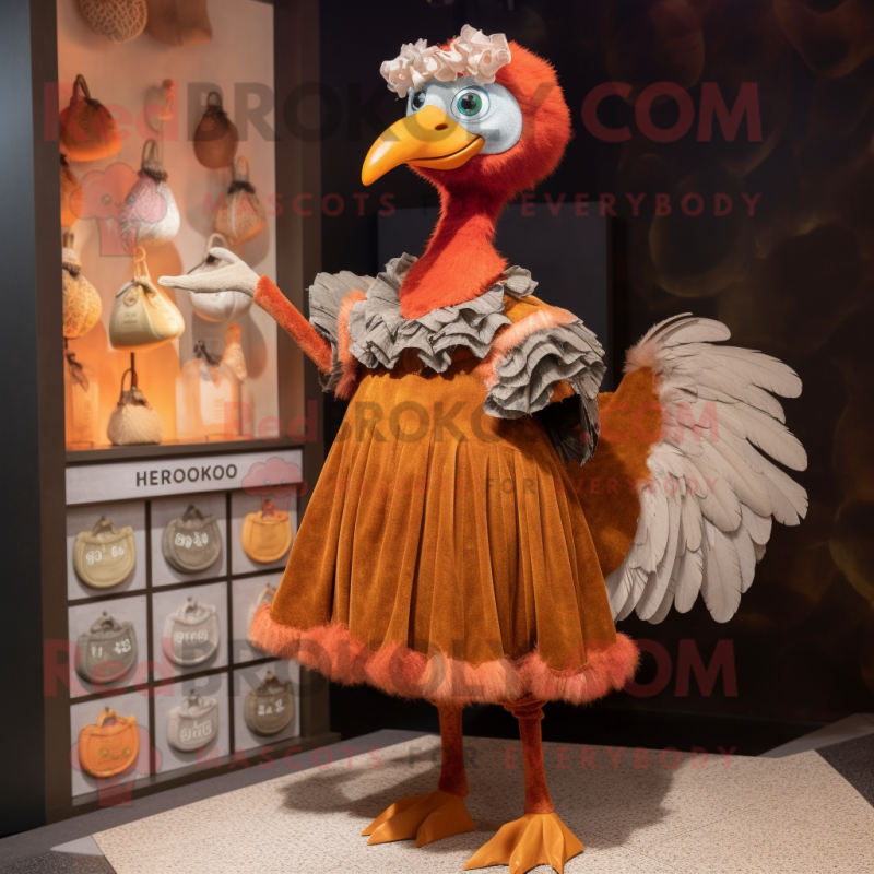 Rust Dodo Bird mascot costume character dressed with a Dress and Coin purses