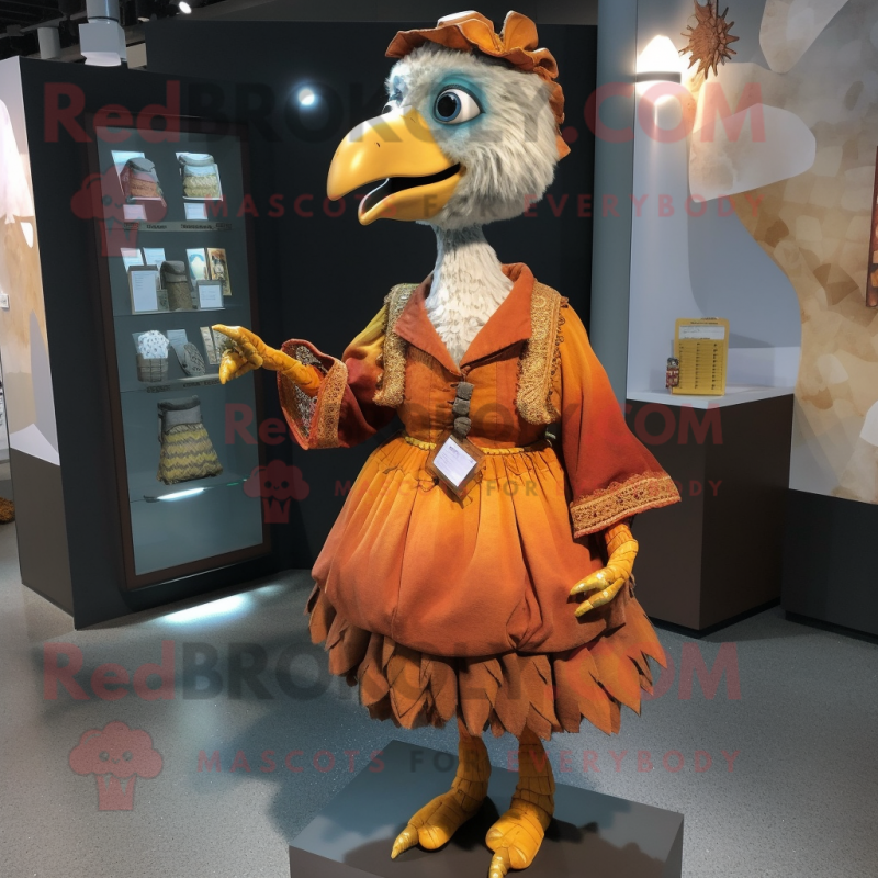 Rust Dodo Bird mascot costume character dressed with a Dress and Coin purses