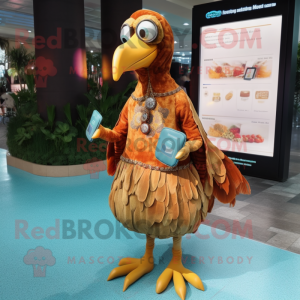 Rust Dodo Bird mascot costume character dressed with a Dress and Coin purses