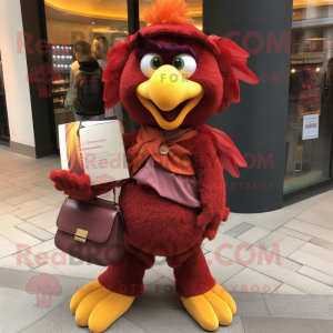 Maroon Butter Chicken mascot costume character dressed with a Trousers and Wallets