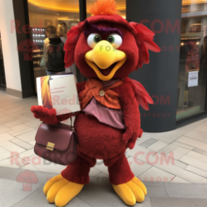 Maroon Butter Chicken mascot costume character dressed with a Trousers and Wallets