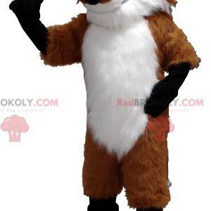 Mascote raposa laranja branco e preto com óculos -