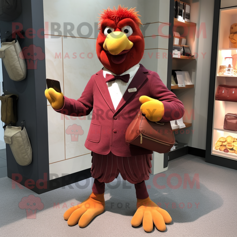 Maroon Butter Chicken mascot costume character dressed with a Trousers and Wallets Maroon Butter Chicken mascot costume character dressed with a Trousers and Wallets