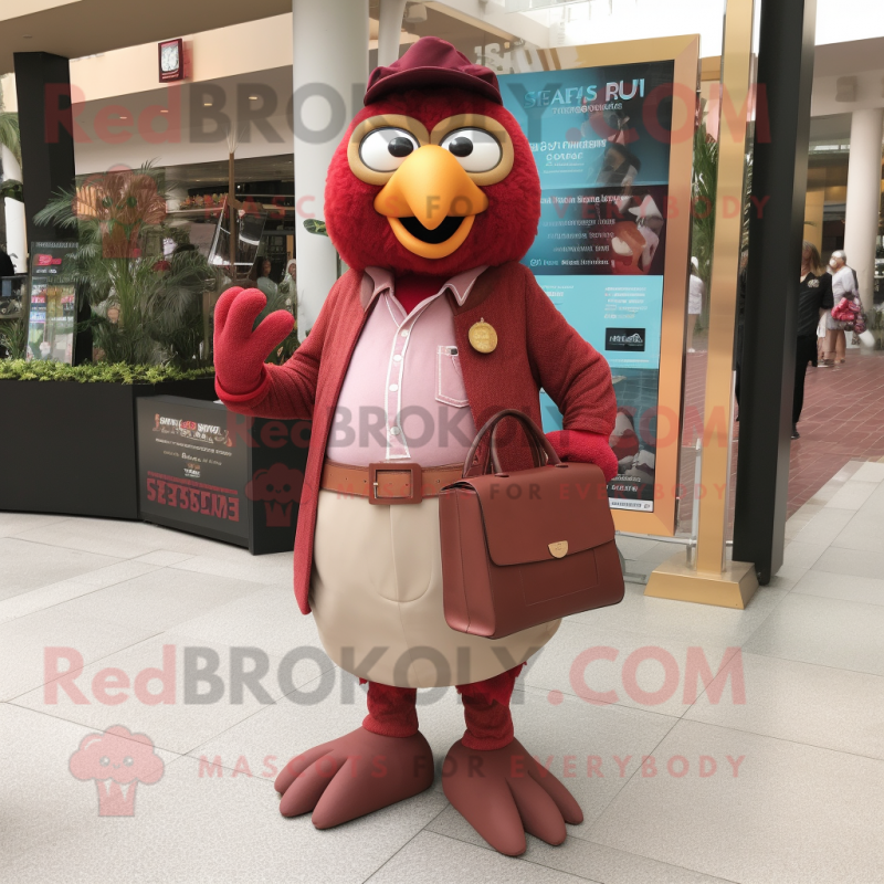 Maroon Butter Chicken mascot costume character dressed with a Trousers and Wallets Maroon Butter Chicken mascot costume character dressed with a Trousers and Wallets