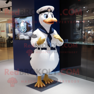 Navy Goose mascot costume character dressed with a A-Line Dress and Bracelet watches