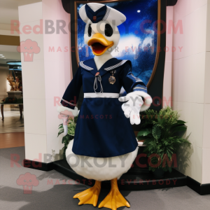 Navy Goose mascot costume character dressed with a A-Line Dress and Bracelet watches