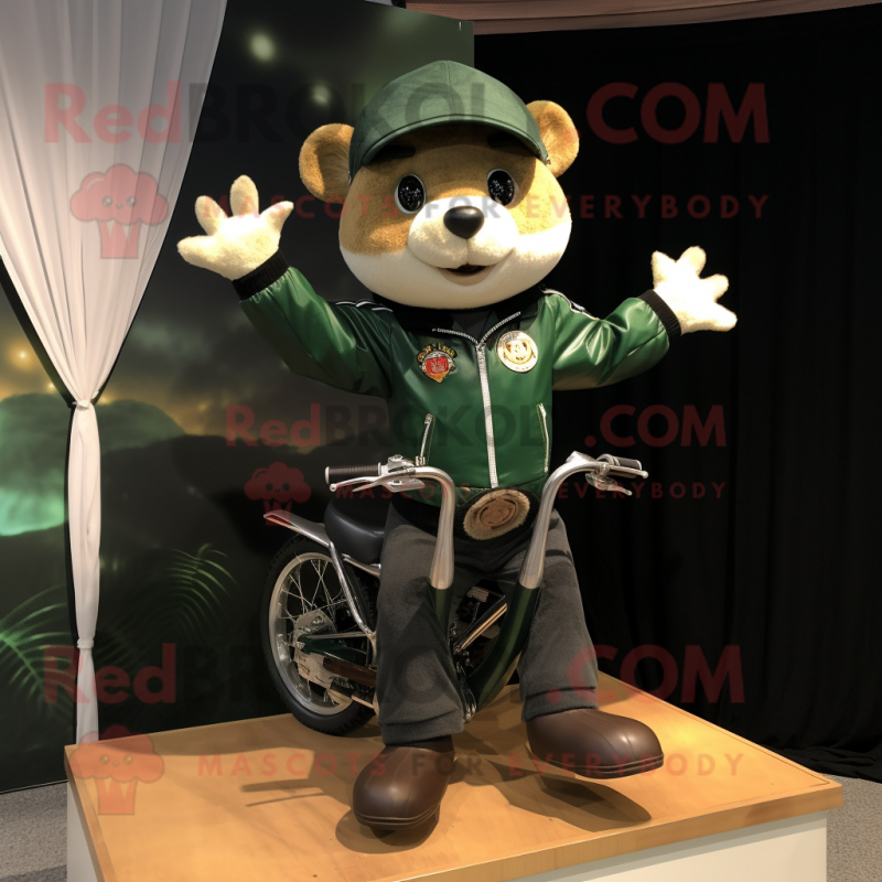 Forest Green Trapeze Artist mascot costume character dressed with a Biker Jacket and Lapel pins Forest Green Trapeze Artist mascot costume character dressed with a Biker Jacket and Lapel pins