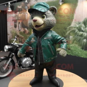 Forest Green Trapeze Artist mascot costume character dressed with a Biker Jacket and Lapel pins