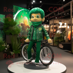 Forest Green Trapeze Artist mascot costume character dressed with a Biker Jacket and Lapel pins