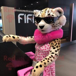 Pink Cheetah mascot costume character dressed with a Tank Top and Sunglasses