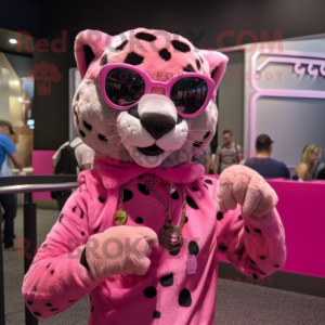 Pink Cheetah mascot costume character dressed with a Tank Top and Sunglasses