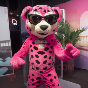 Pink Cheetah mascot costume character dressed with a Tank Top and Sunglasses