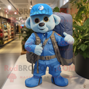 Blue Special Air Service mascot costume character dressed with a Vest and Tote bags