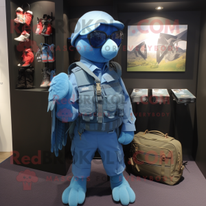 Blue Special Air Service mascot costume character dressed with a Vest and Tote bags