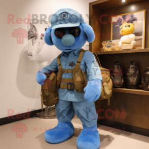 Blue Special Air Service mascot costume character dressed with a Vest and Tote bags