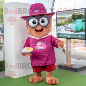 Magenta Pulled Pork Sandwich mascot costume character dressed with a Polo Shirt and Reading glasses